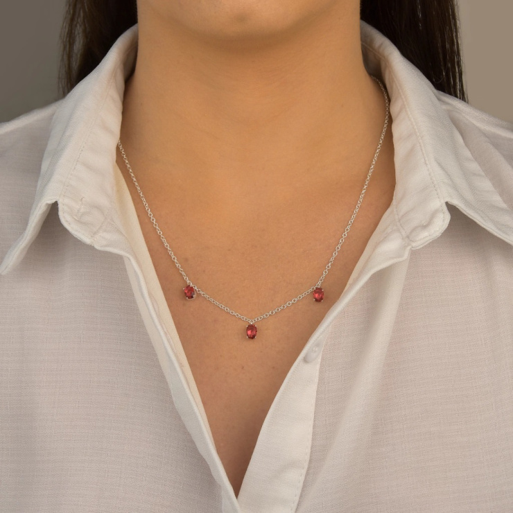 Gargantilha Oval Tripla Rubi Prata 925 Esterlina 45CM