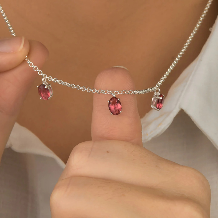 Gargantilha Oval Tripla Rubi Prata 925 Esterlina 45CM
