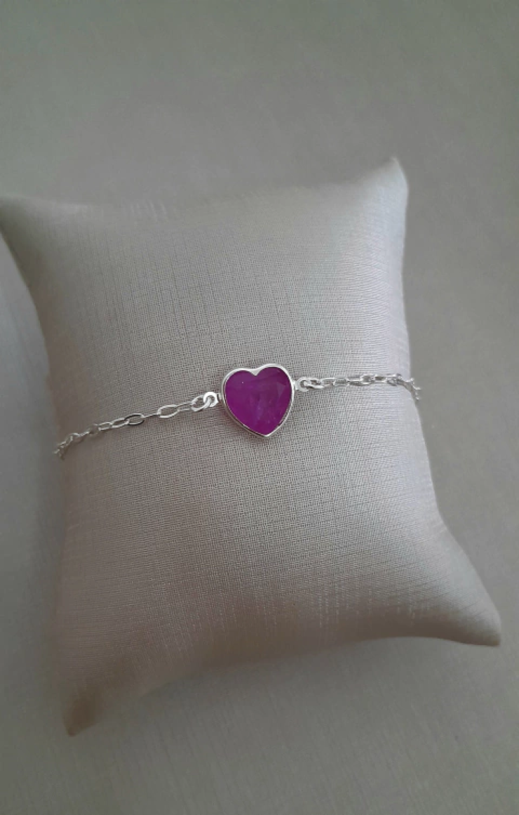 Pulseira Coração Amestista em Prata 925 Esterlina