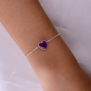Pulseira Coração Amestista em Prata 925 Esterlina