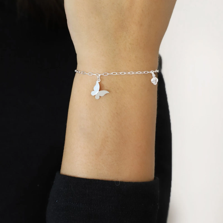 Pulseira Prata 925 Borboleta e Corações de Zircônia Garantia Eterna
