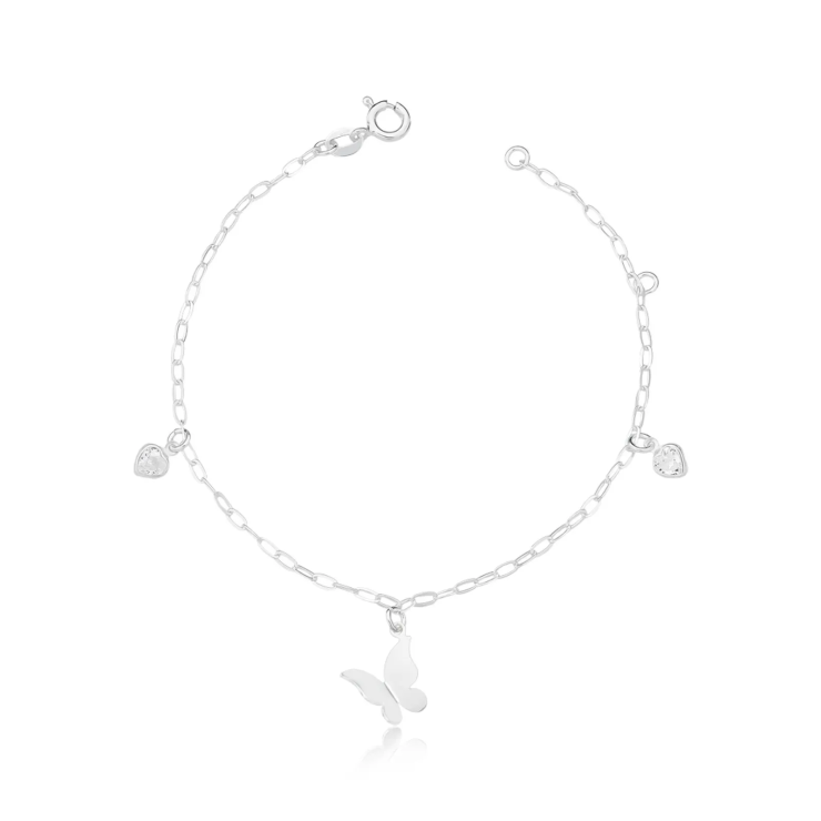 Pulseira Prata 925 Borboleta e Corações de Zircônia Garantia Eterna