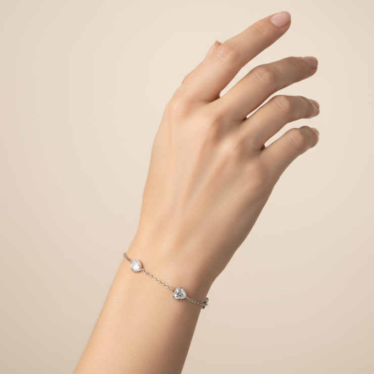 Pulseira Prata 925 Corações De Zircônias Cristal Garantia Eterna