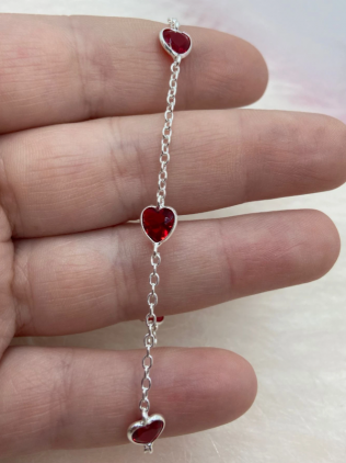 Pulseira Prata 925 Corações Rubi Cristal Garantia Eterna