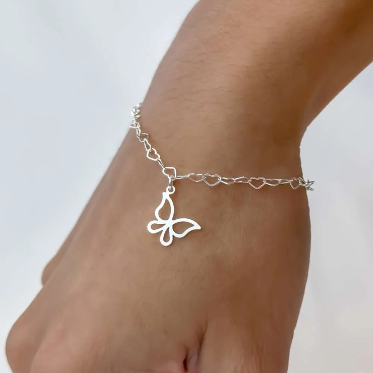 Pulseira Prata 925 elo de Corações Com Borboleta Vazada Garantia Eterna