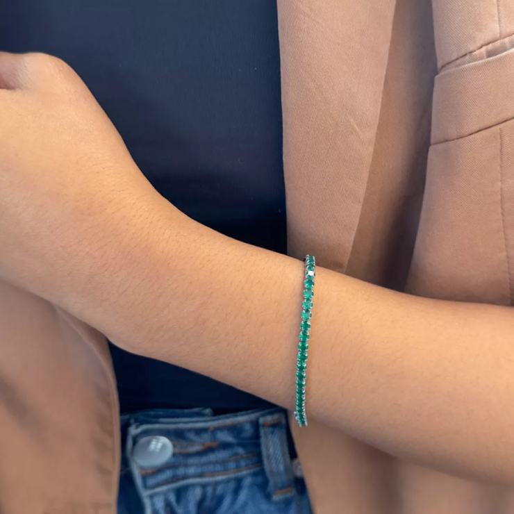 Pulseira Riviera Esmeralda Cravejada em Prata 925 Esterlina