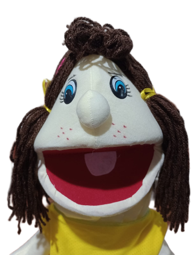 Fantoche menina de mão com cabelo castanho, para dramatizações escolares