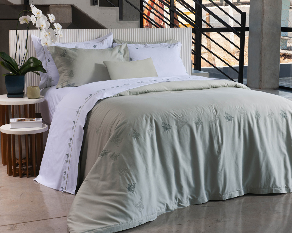 Amíssima Kit Colcha Duvet (Capa p/ Edredom) - King - Percal 250 Fios - 100% Algodão - 4 Peça - Borboletas verde