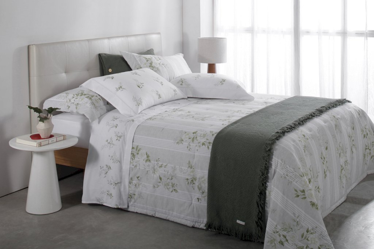 Blanche Cobre Leito - Queen - buddmeyer - 200 fios -  3 Peças - Branco/verde
