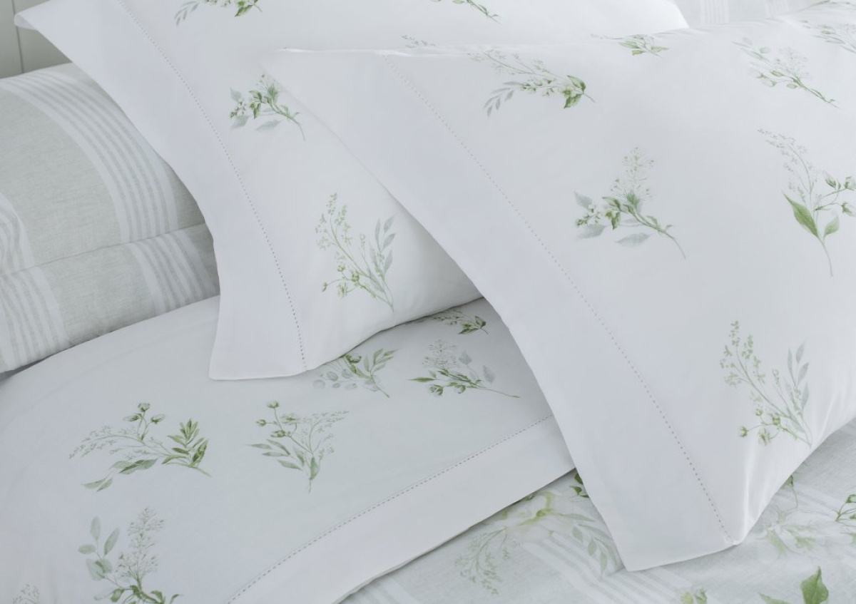 Blanche Roupa De Cama - Queen - Percal 200 Fios - Bud - 100% Algodão - 4 Peças - Branco/Verde