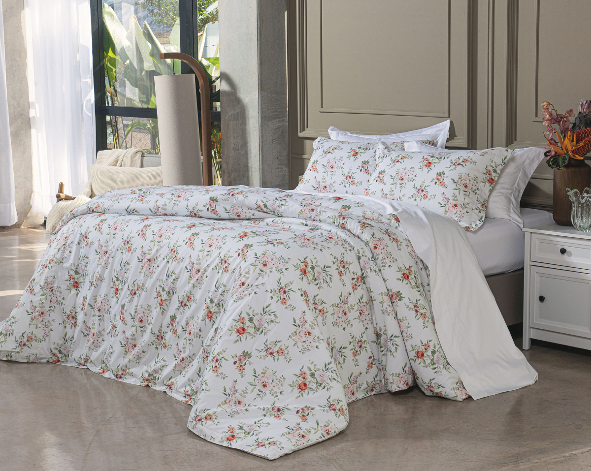 Dolce Vitta Duvet (Capa p/ Edredom) Super King - Percal 400 Fios - Fio Egípcio - 4 Peças - Floral Laranja