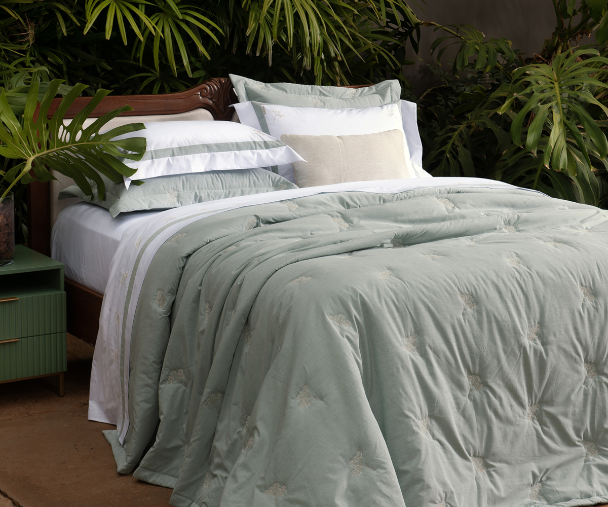 Gaia Cobre Leito - King - Chambray - 100% Algodão - 3 Peças - Verde