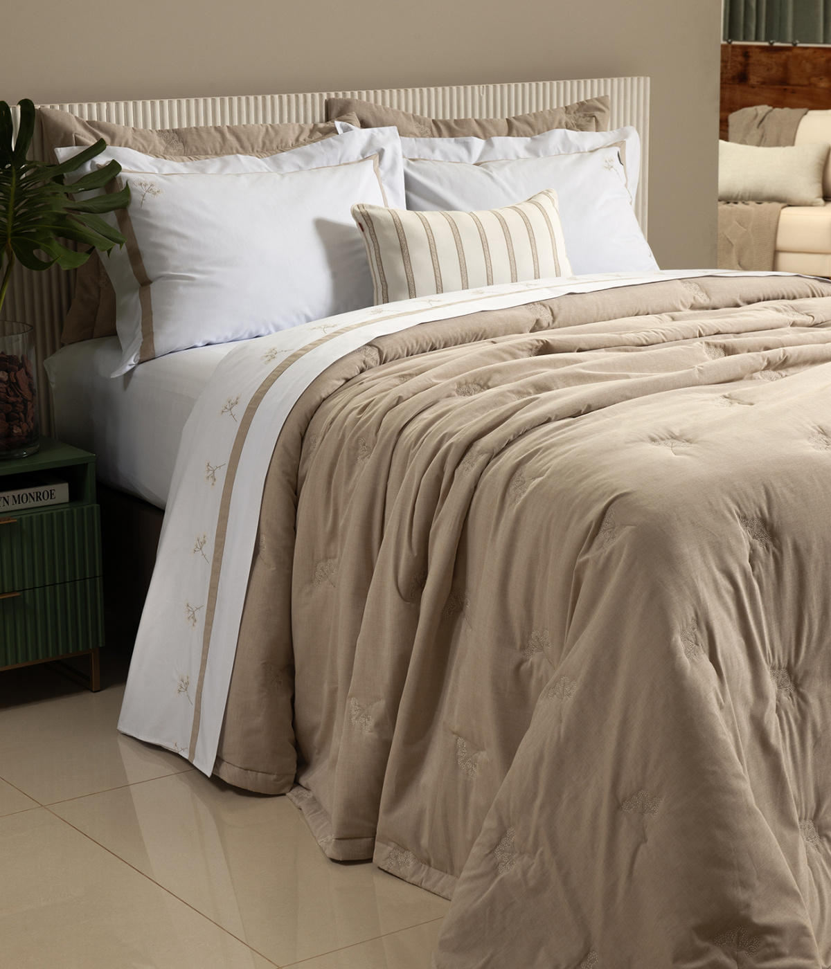 Gaia Cobre Leito - Queen - Chambray - 100% Algodão - 3 Peças - Bege