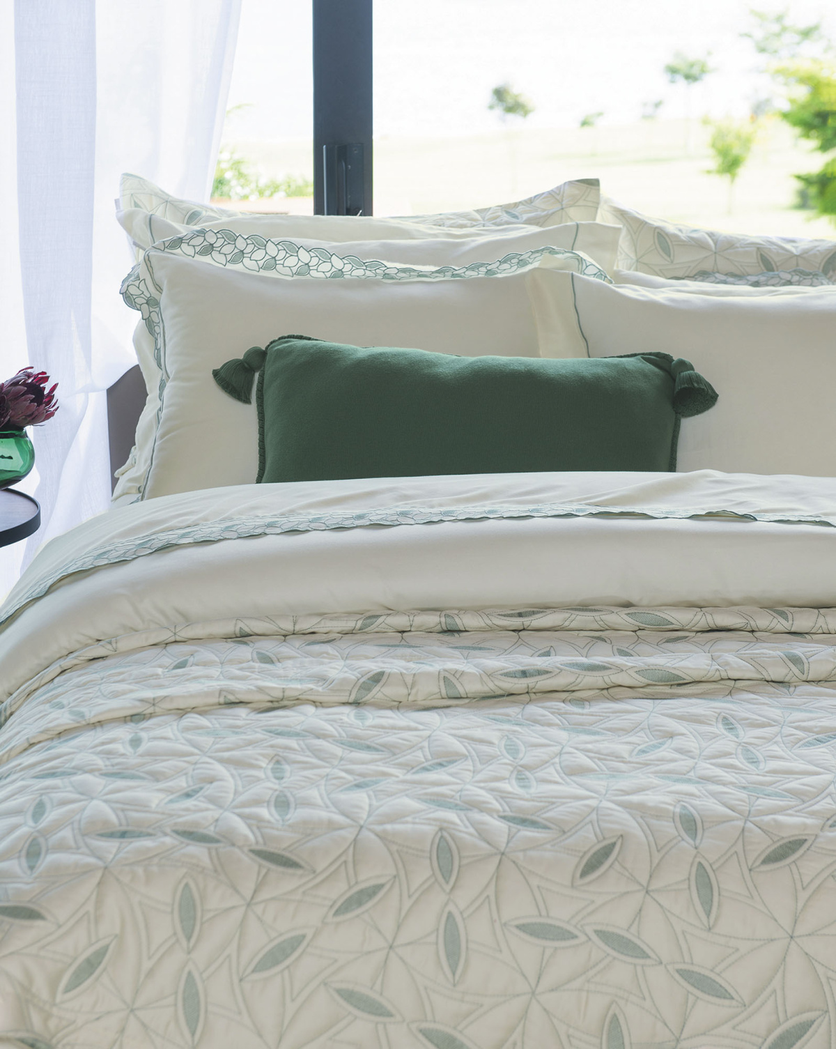 Gione Cobre Leito - Queen - Percal 400 Fios - Fio Egípcio - 3 Peças - Palha/Verde