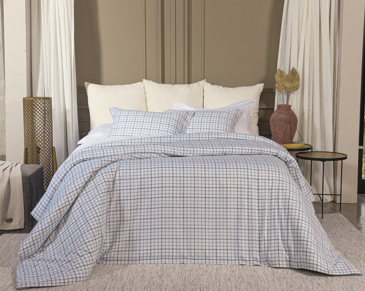 Giordano Duvet (Capa p/ Edredom) King - Fio Tinto - 100% Algodão - 4 Peças - Xadrez Azul