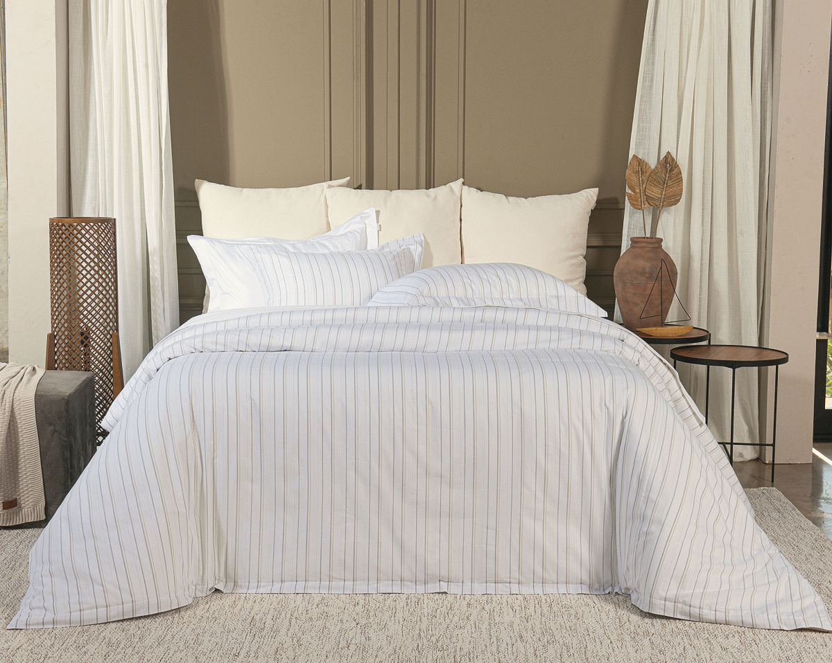 Giordano Duvet (Capa p/ Edredom) Super King - Fio Tinto - 100% Algodão - 4 Peças - Listra Bege