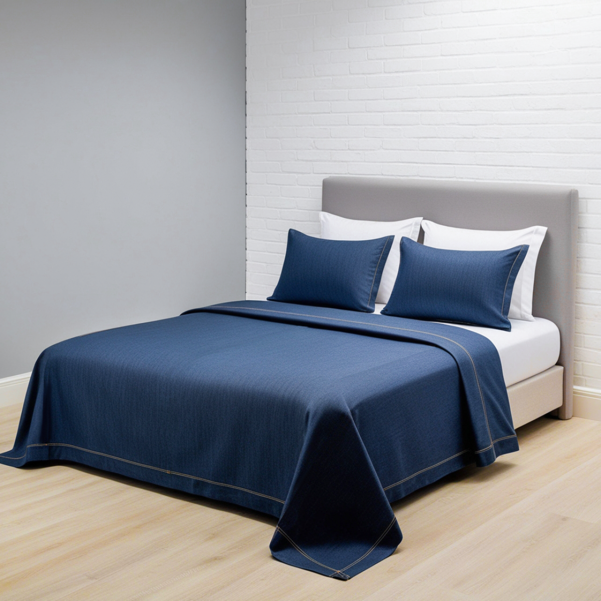 Indigo Kit Cobre Leito - Casal Padrão - Jeans - 100% Algodão - Azul Marinho