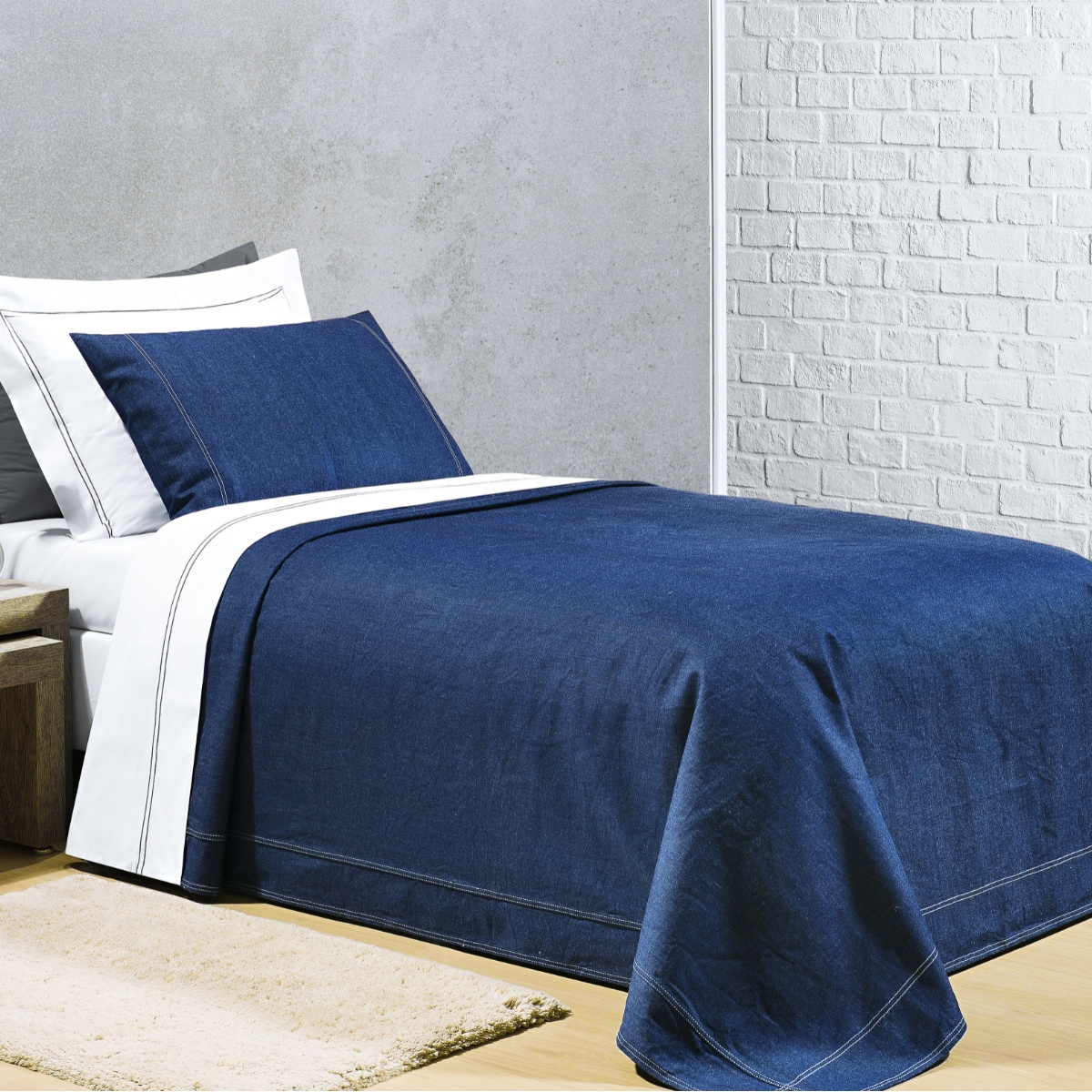Indigo Kit Cobre Leito - Solteiro - Jeans - 100% Algodão - Azul Marinho