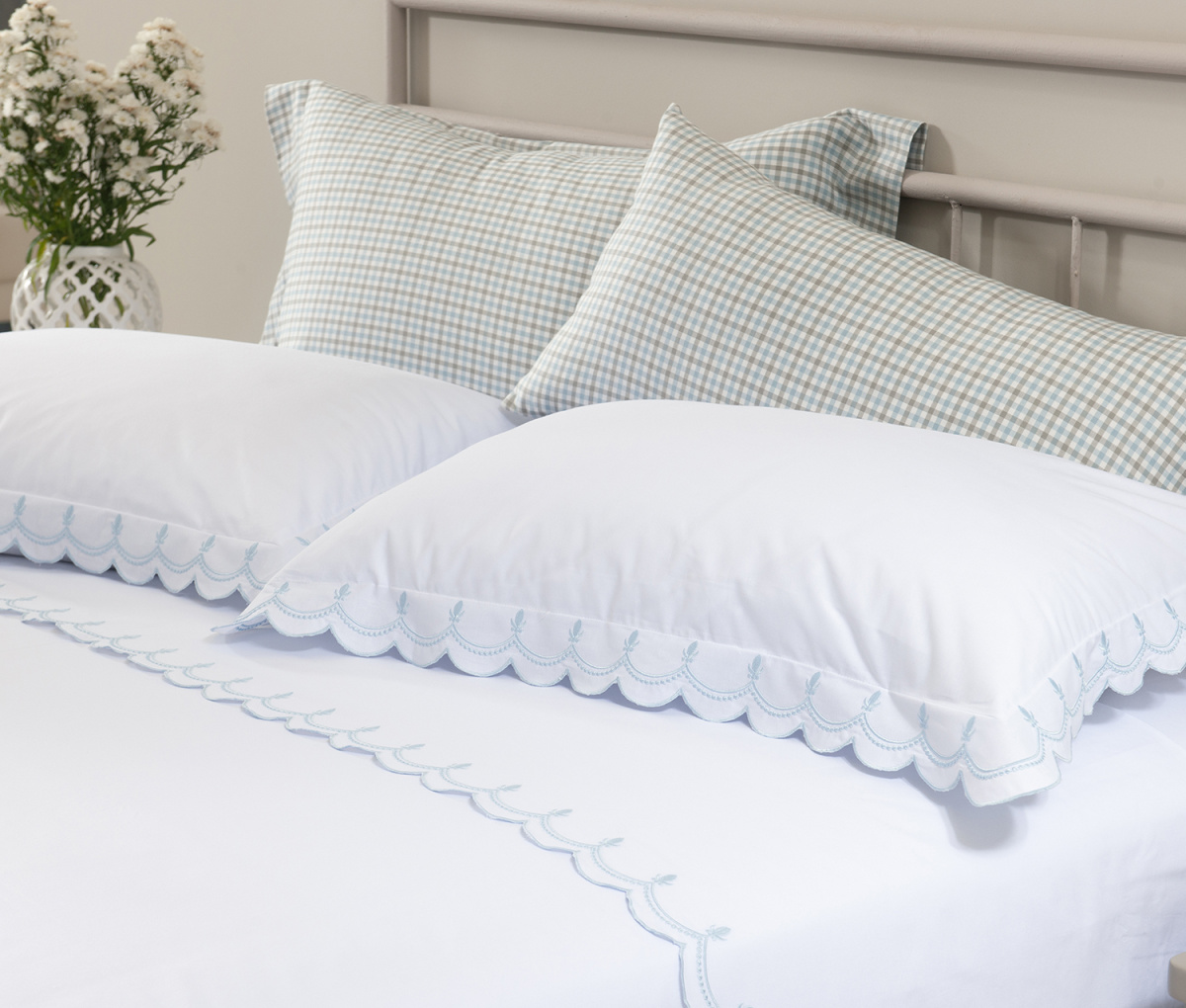 La'Bela Roupa De Cama - King - Percal 250 Fios - 100% Algodão - 4 Peças - Branco/Azul