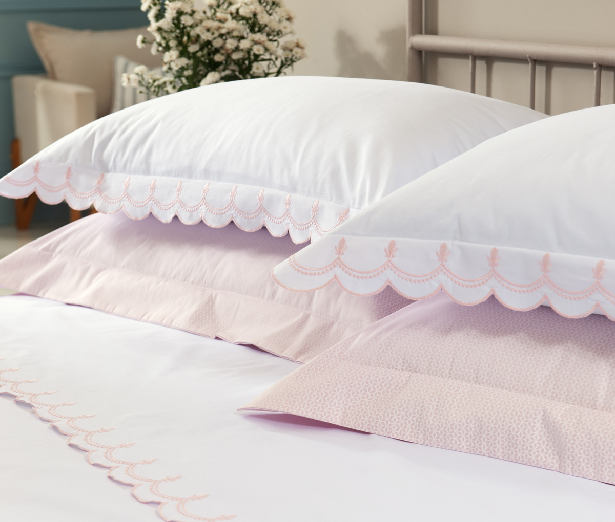 La'Bela Roupa De Cama - Queen - Percal 250 Fios - 100% Algodão - 4 Peças - Branco/Rosa