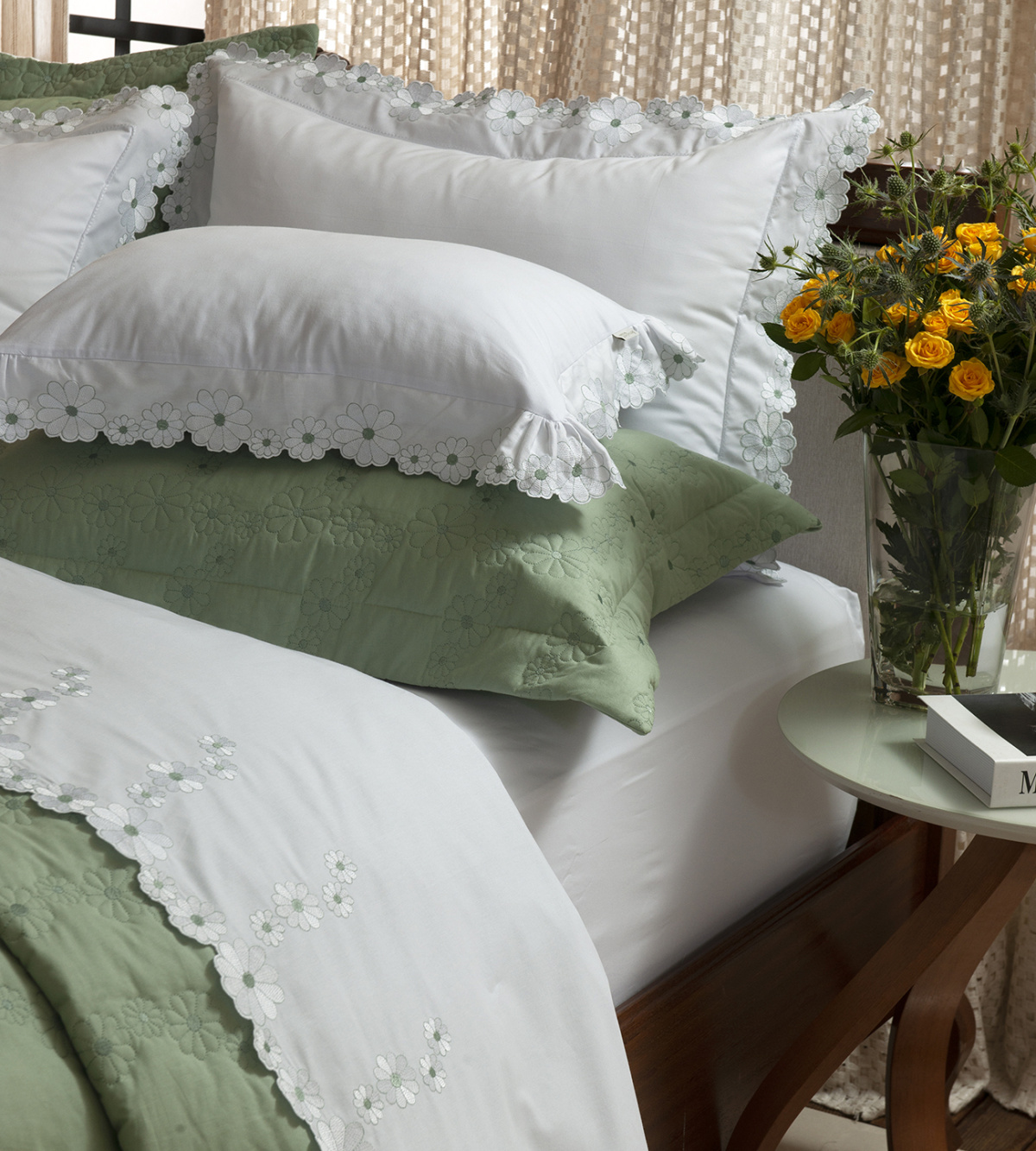 Nuance Roupa De Cama - King - Percal 250 Fios - 100% Algodão - 4 Peças - Branco/Verde