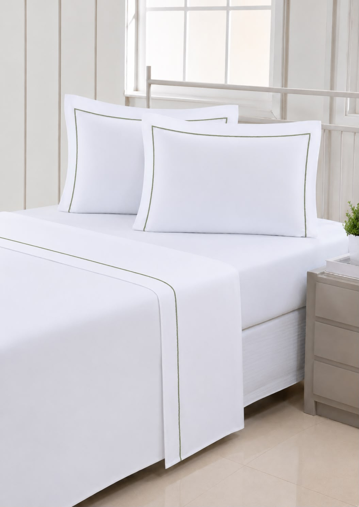Pratic Roupa De Cama - King - Percal 250 Fios - 100% Algodão - 4 Peças - Branco/Verde