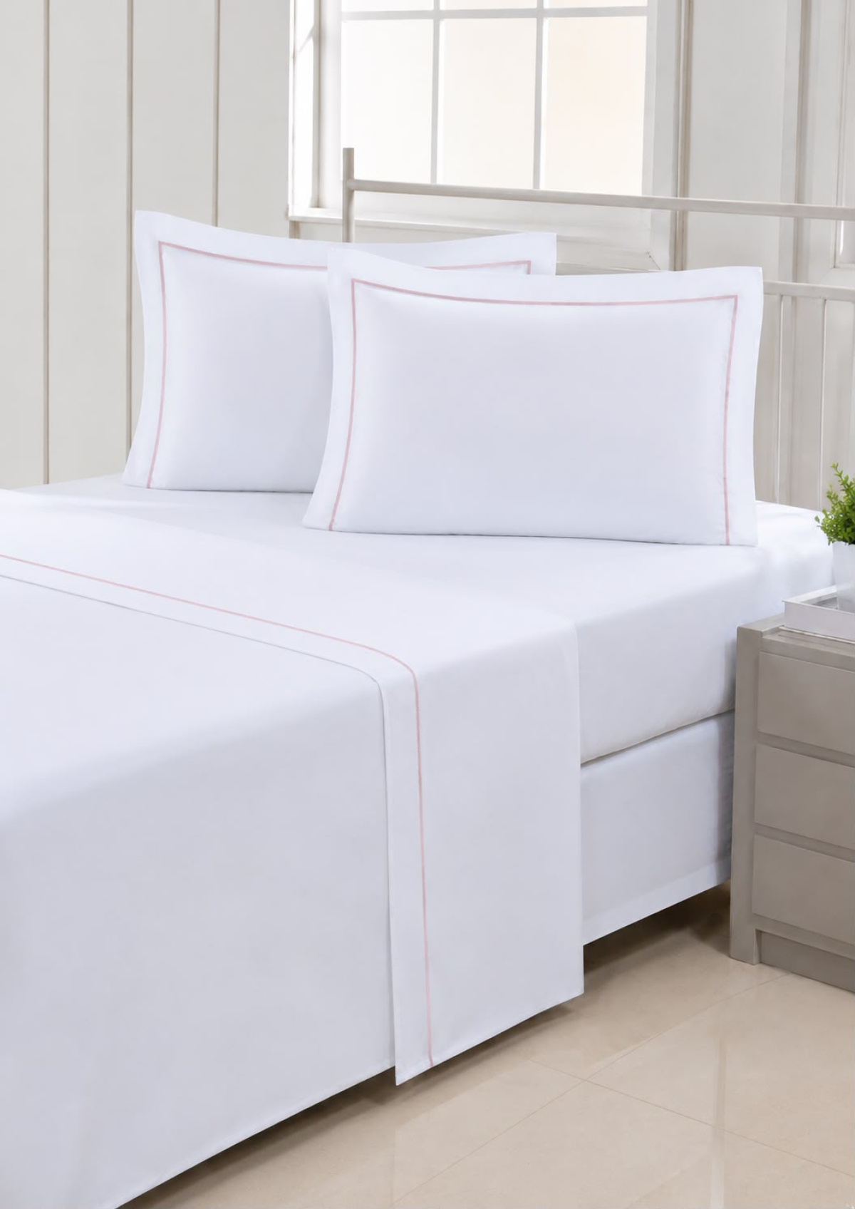 Pratic Roupa De Cama - Queen - Percal 250 Fios - 100% Algodão - 4 Peças - Branco/rose