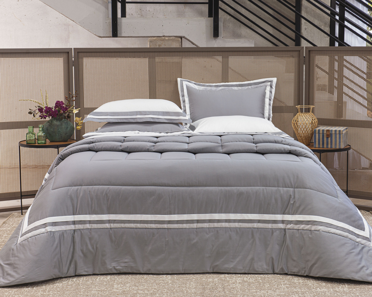 Season Edredom c/ Faixa - Queen - Percal 400 Fios - Fio Egípcio - 3 Peças - Platino