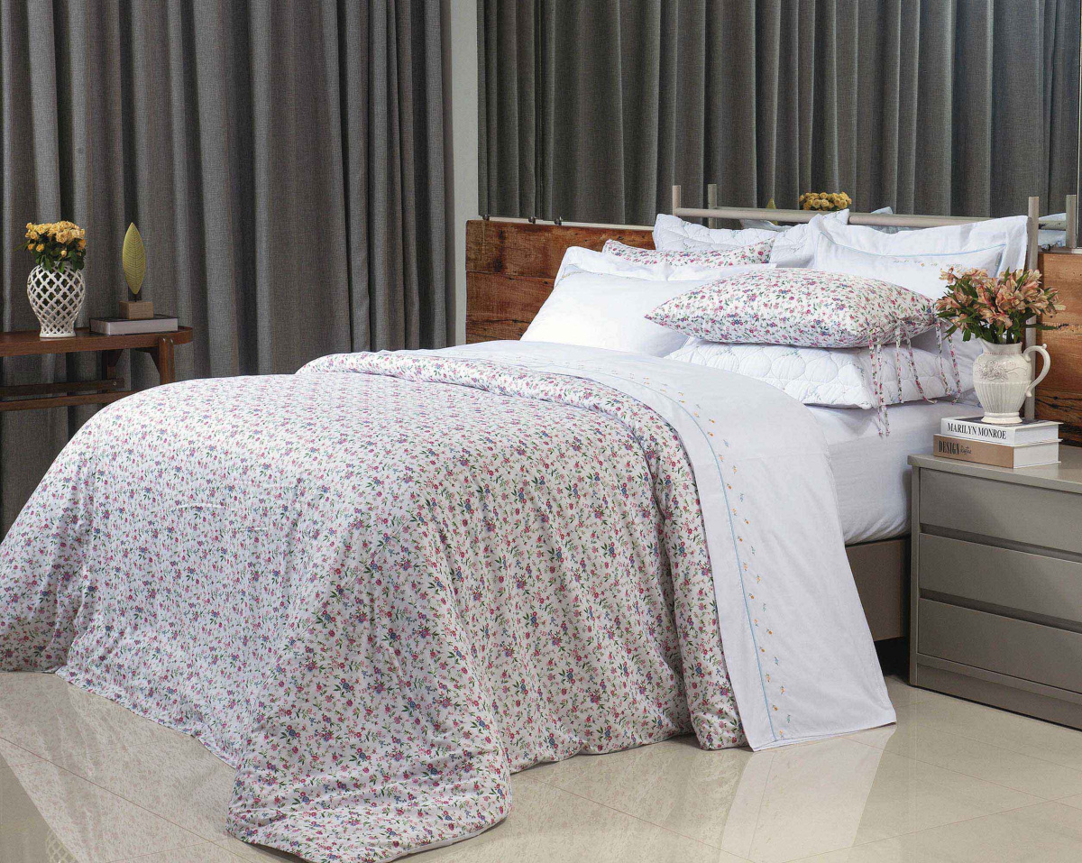 Sintonia Kit Colcha Duvet (Capa p/ Edredom) - King - Percal 250 Fios - 100% Algodão - 4 Peça - Floral pink