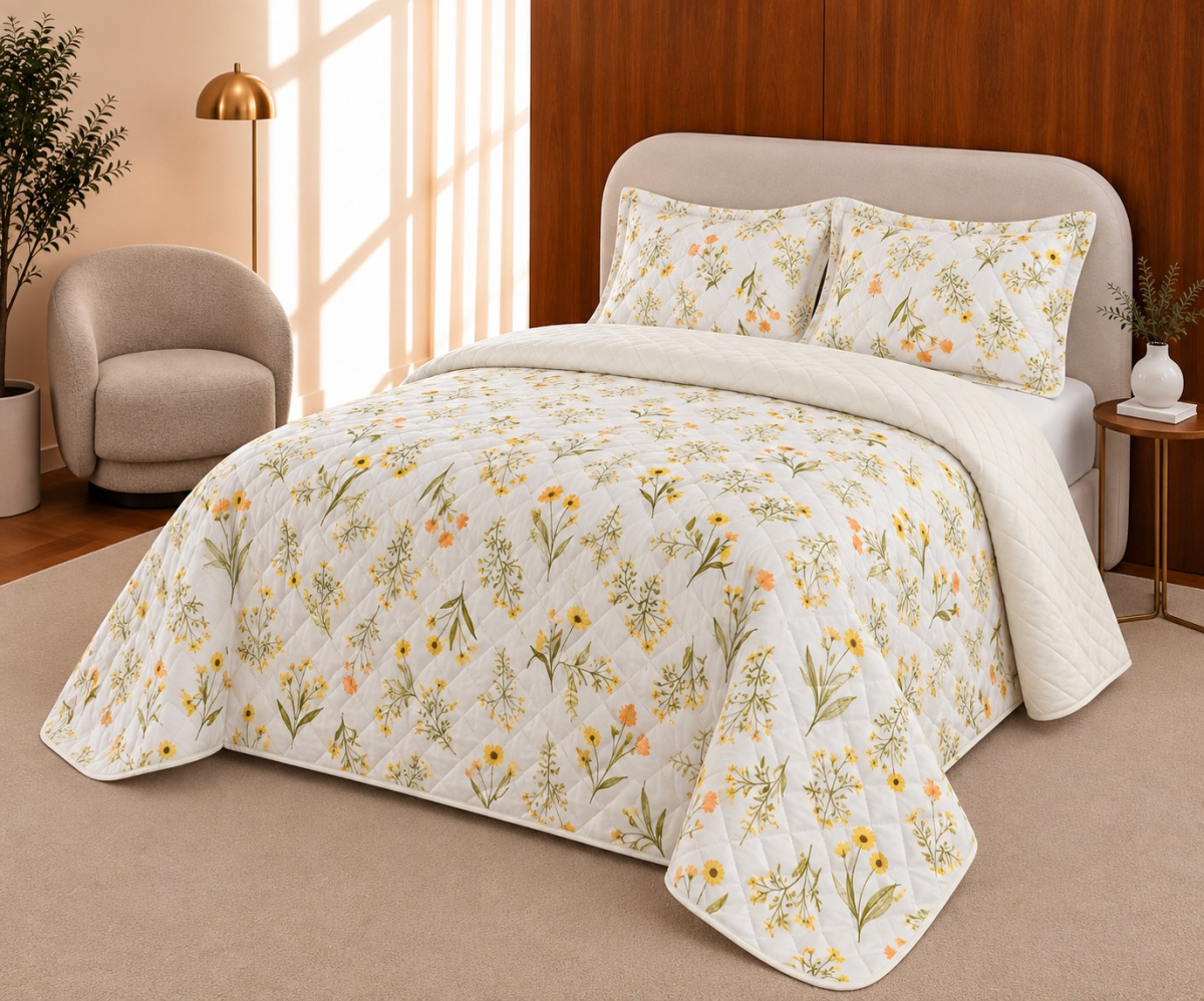 Spring Cobre leito - King - Micropercal 400 Fios - 3 Peça - Floral amarelo