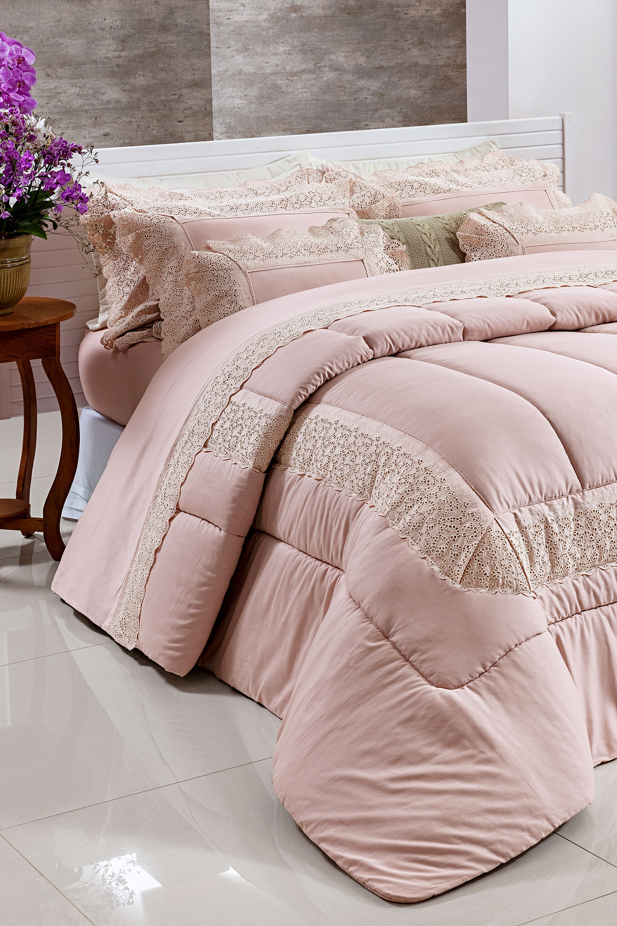 Valerie Edredom - Casal Padrão - Percal 300 Fios - Acetinado - 3  Peças - Rosa Chá