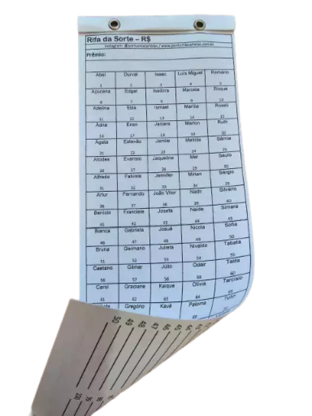 Cartela de Rifa com 100 Nomes frente única numerada (nomes e tel no ve ...