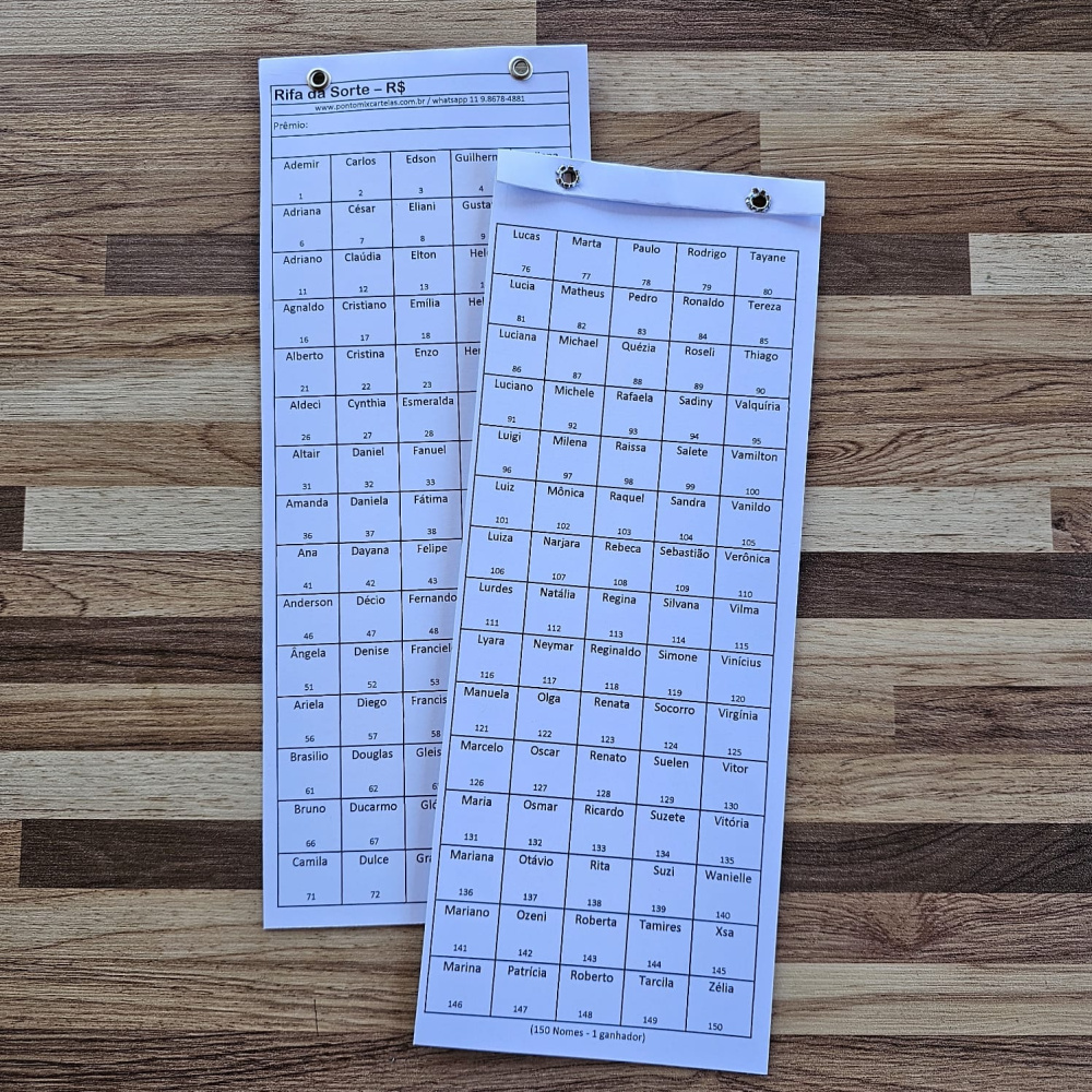 Cartela de Rifa com 150 Nomes - numerada - 1 ou mais ganhadores - Ponto ...