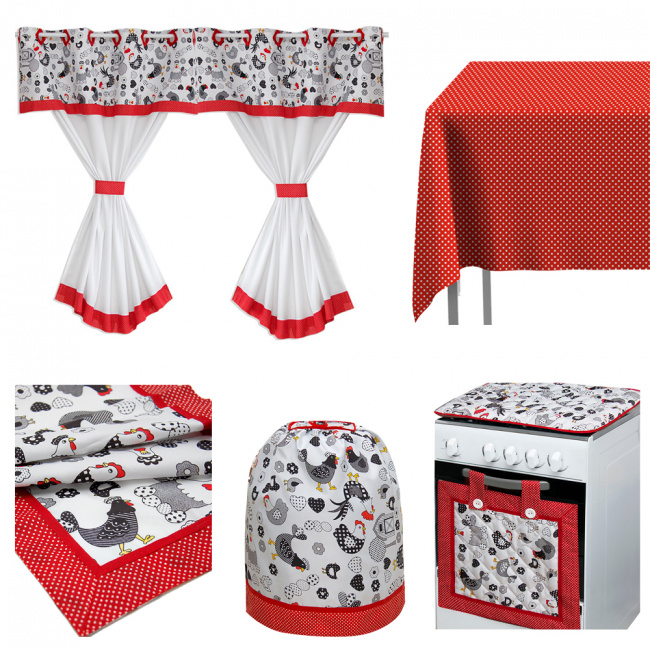 Kit de Cozinha 9 Pçs Galinha Filó Vermelho(toalha 6 Lug. Kit P