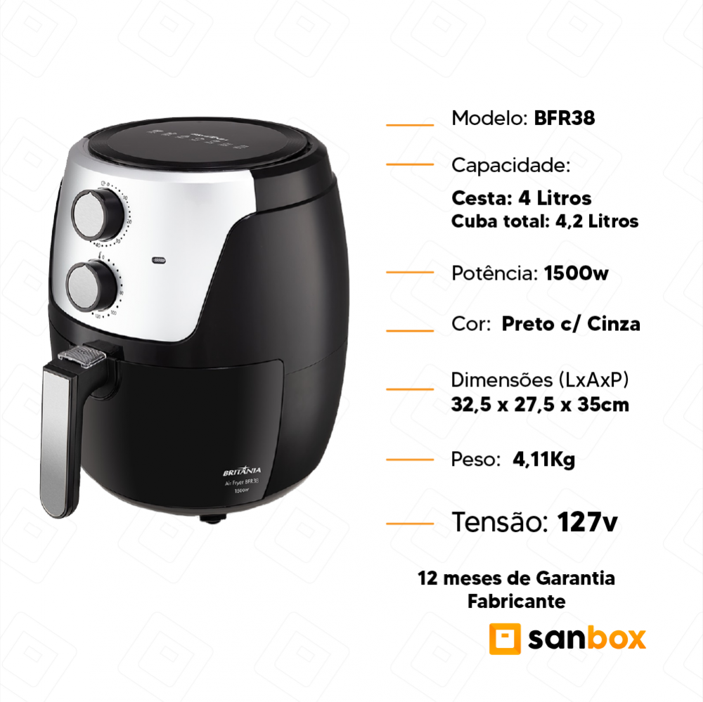 Fritadeira Elétrica Air Fryer Britânia 4,2 Litros - Preto e Prata