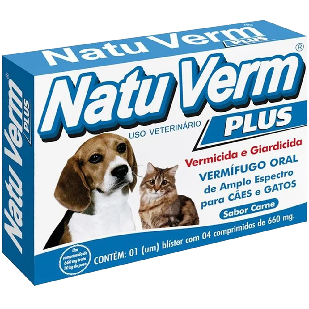 Vermífugo NatuVerm Plus Giárdia Cães e Gatos 4 Comprimidos - Seupetweb