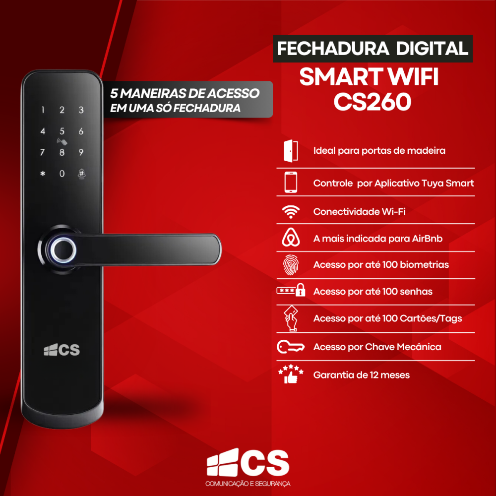 Fechadura Eletrônica Digital CS 260 Tuya Wi-fi Black Piano - Smart