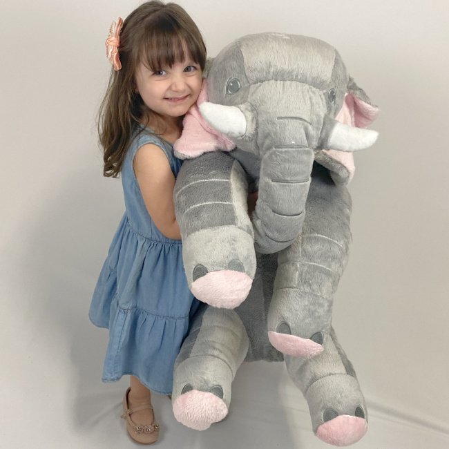 Almofada Travesseiro Elefante Pelúcia Soninho Bebê Cinza com Rosa 80cm