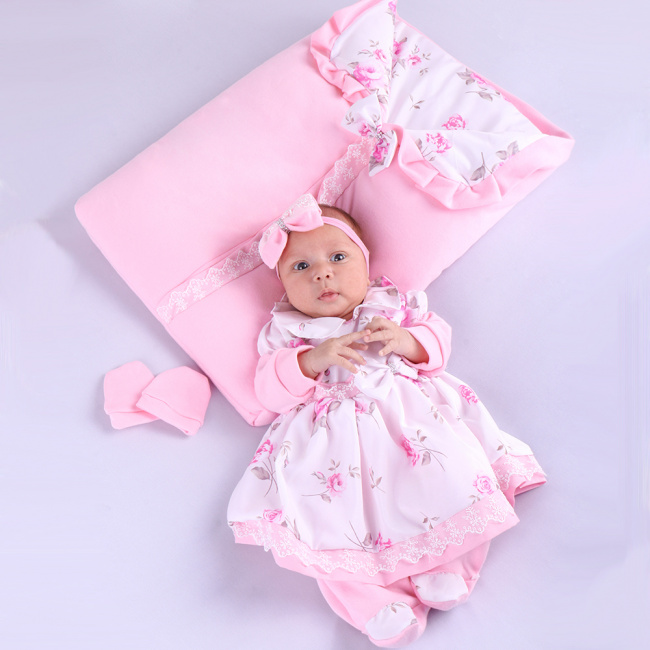 Saída de Maternidade Menina Elegance Iris Floral Rosa com Porta Bebê