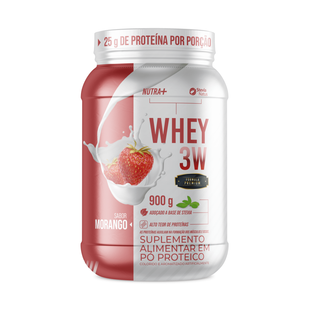 Whey Protein 3W Nutra+ Stevia Natus Sabor Morango 900g Stevia Natus