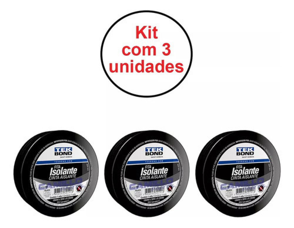 3 Fitas Isolantes Tek Bond 19mm X 20 Metros Suporta 80°c Preto
