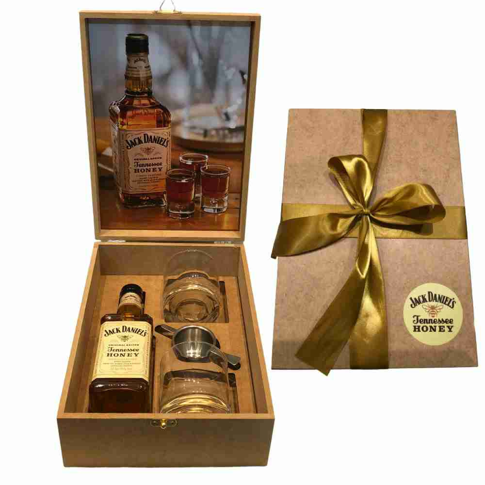 Box Whisky Jack Daniels Honey Mel 375ml + 2 Copos + Dosador The Drink