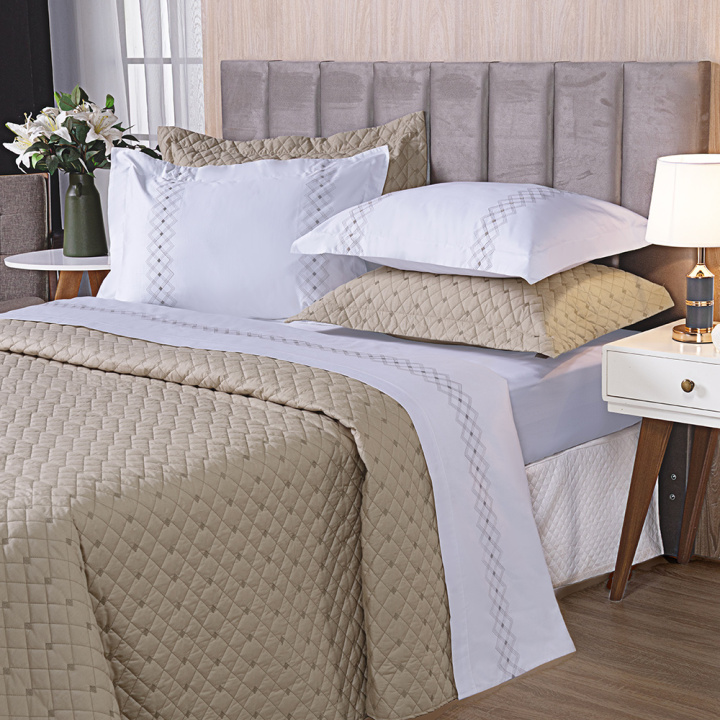 Cobre Leito 3 Peças QUEEN Percal 230 Fios 100% Algodão Pontual - Bege