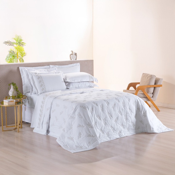 Cobre Leito Bordado 3 Peças KING Percal 230 Fios 100% Algodão Garden Branco