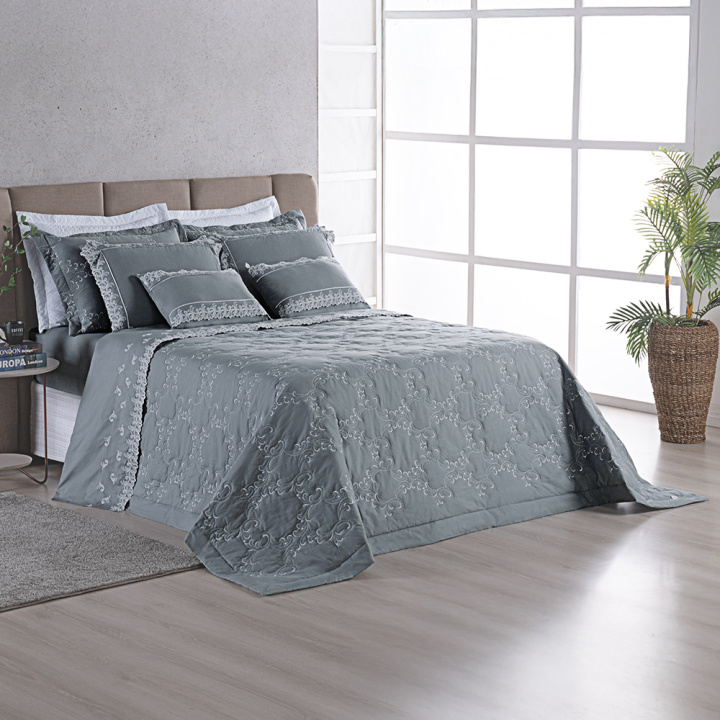 Cobre Leito Bordado 3 Peças KING Percal 230 Fios 100% Algodão Select Grafite