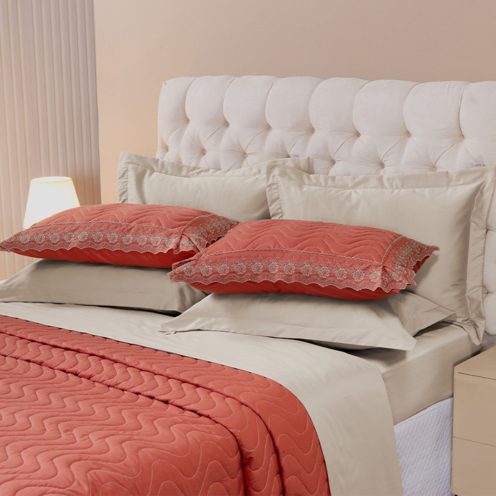 Cobre Leito Bordado King Hipercal 200 Fios Sublime 3 Peças Terracota