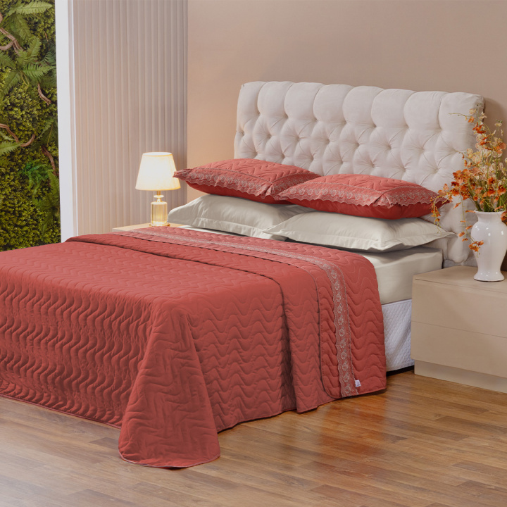 Cobre Leito Bordado King Hipercal 200 Fios Sublime 3 Peças Terracota