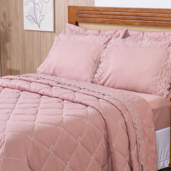 Cobre Leito Bordado King Hipercal 400 Fios Florence 3 Peças Rosê