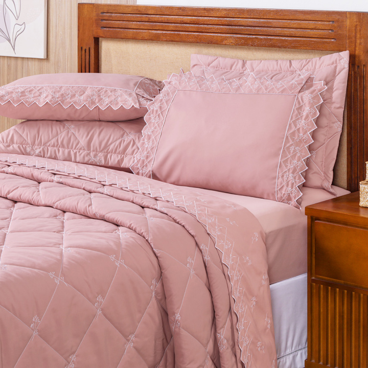 Cobre Leito Bordado King Hipercal 400 Fios Florence 3 Peças Rosê