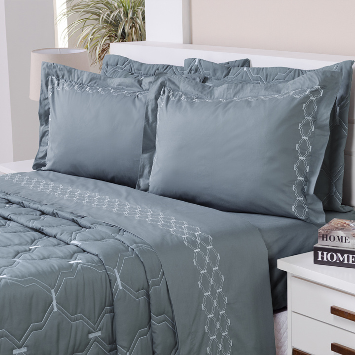 Cobre Leito Bordado King Percal 230 Fios Supreme 3 Peças Grafite